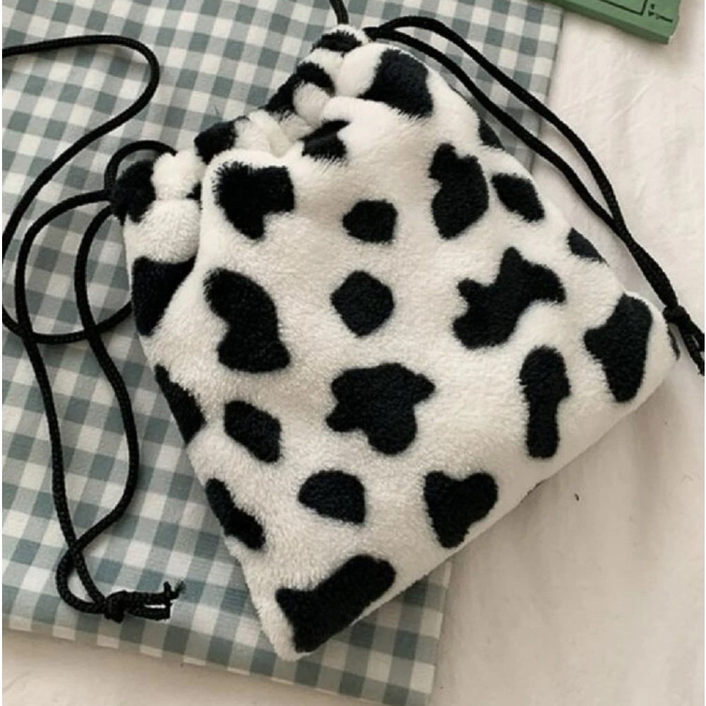 New Faux Fur Medium Cow Print Buttery Soft Handmade Drawstring Crossbody Bag - Picture 5 of 15